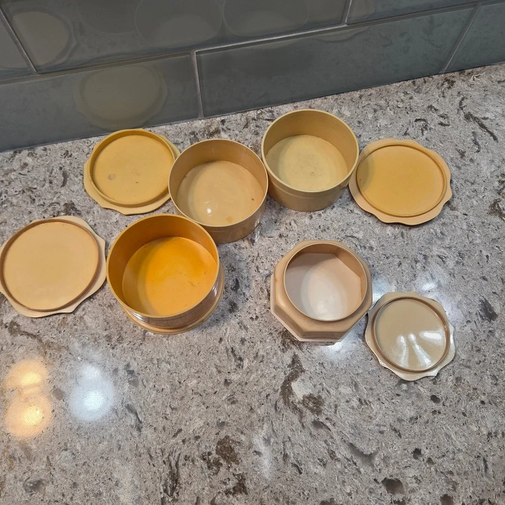 Vintage Fairfax Celluloid Vanity Boxes Cream Scalloped Art Deco Dresser Jars 4pc